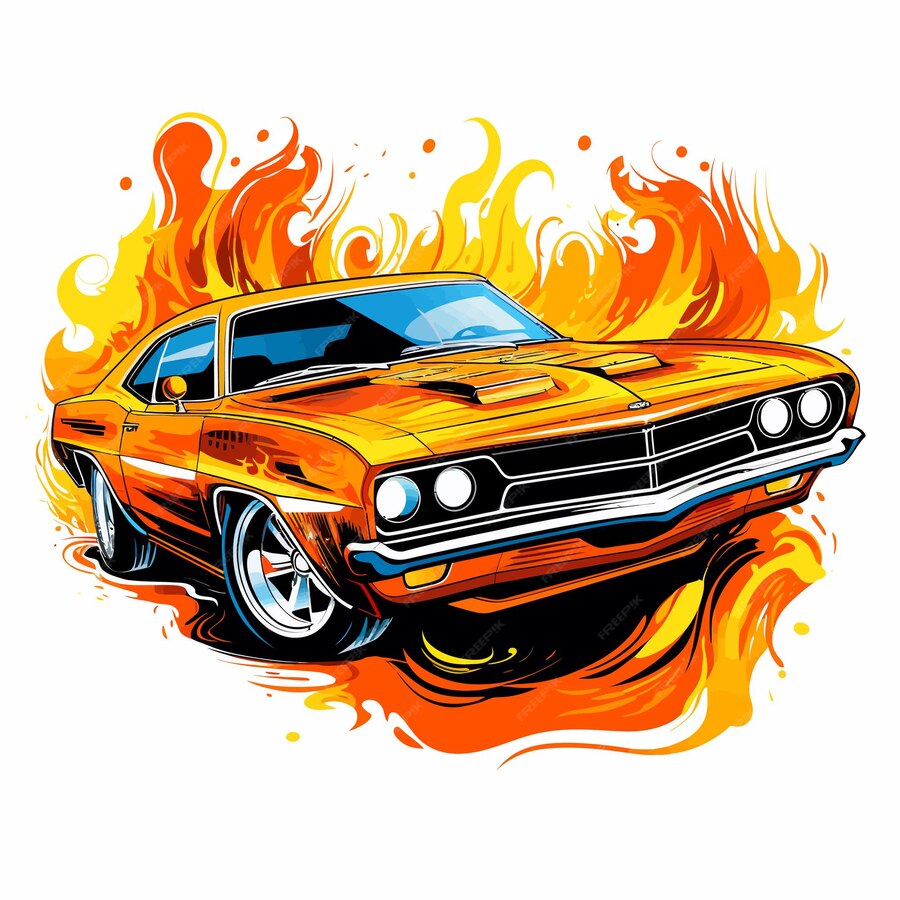 Dodge Challenger 1968 orange flamboyante, illustrée au milieu de grandes flammes dans un style de pop art