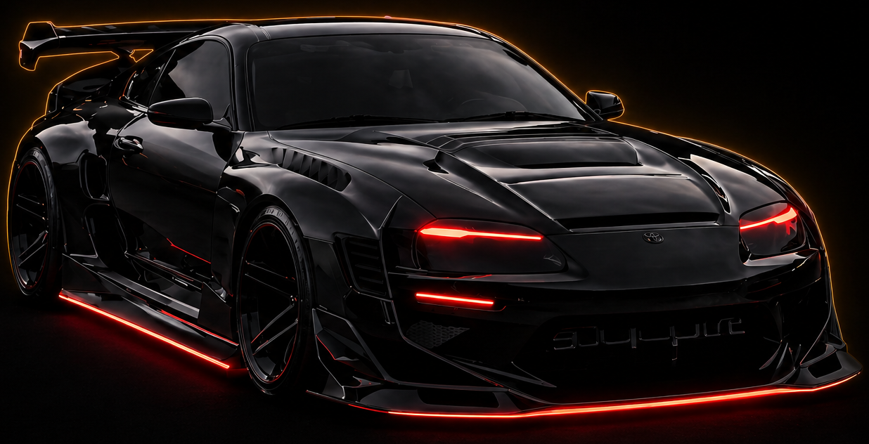 toyota supra mk4 avec un kit de carrosserie, noire mate et avec des finition orange et rouge (voiture à gauche du titre)