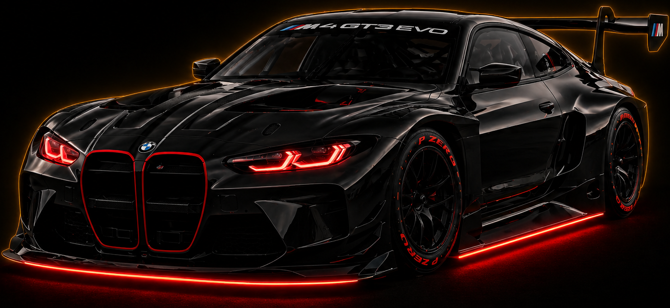 bmw m4 gt3 evolution avec un kit de carrosserie, noire mate et avec des finition orange et rouge (voiture à droite du titre)