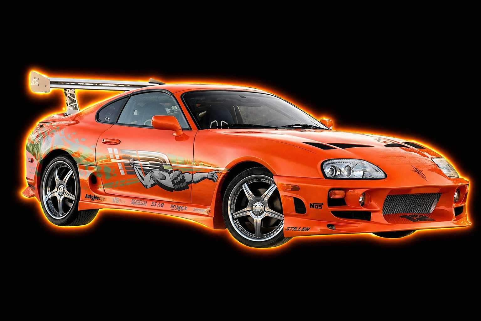 toyota supra mk4 de Fast and Furious appartenant a Bryan Oconer, elle est orange et posède un sticker Nuclear Gladiator (voiture à gauche du titre)