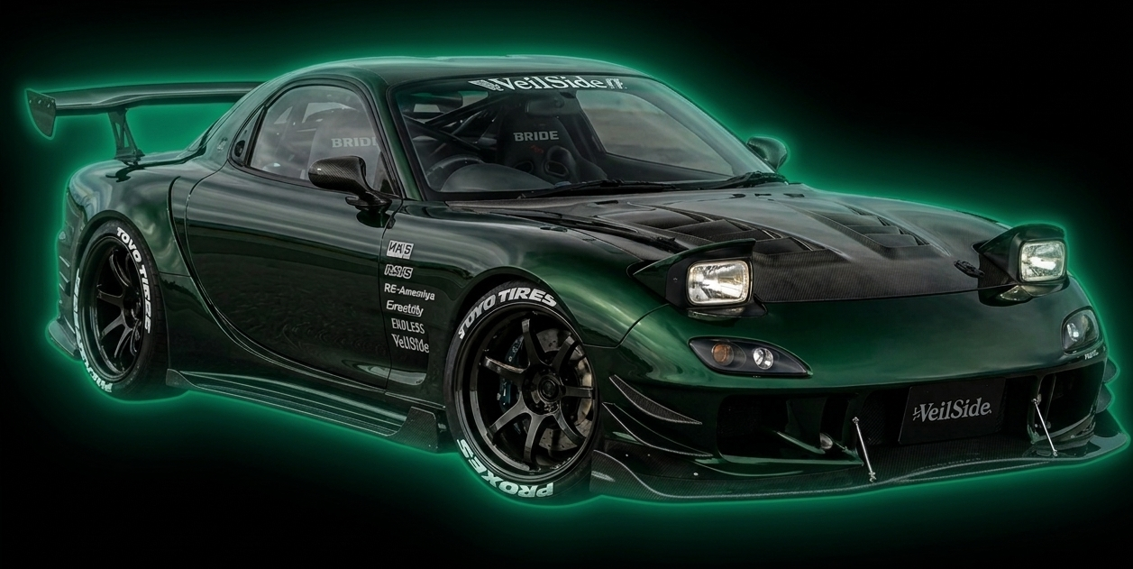 mazda rx7 verte foncé, capot en carbon et phares escamotables. elle est une véritable légende dans le drift par Keiichi Tsuchiya